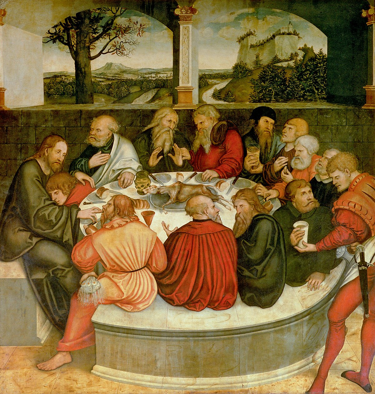 Triptyykki, vasen paneeli, Philipp Melanchthon suorittaa kasteen Martin Lutherin avustamana; keskipaneeli, viimeinen ehtoollinen Lutherin kanssa apostolien joukossa; oikea paneeli, Luther tekee tunnustuksensa; Luther tekijältä Lucas Cranach the Elder