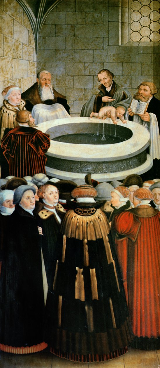 Triptyykki, vasen paneeli, Philipp Melanchthon suorittaa kasteen Martin Lutherin avustamana; keskipaneeli, viimeinen ehtoollinen Lutherin kanssa apostolien joukossa; oikea paneeli, Luther tekee tunnustuksensa; Luther tekijältä Lucas Cranach the Elder