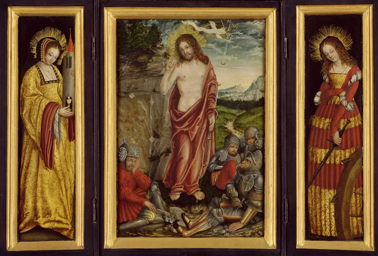 Pieni siivekäs alttari Kristuksen ylösnousemuksella, St. Barbara (vasen siipi) ja St. Catharine (oikea siipi), 1508-10 tekijältä Lucas Cranach the Elder