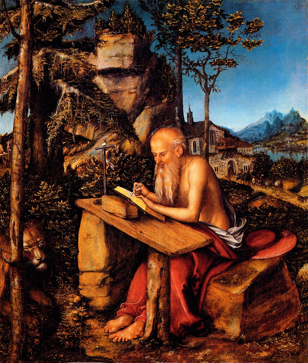 Pyhä Jerome erämaassa / Pyhä Jerome kirjoittaa maisemassa tekijältä Lucas Cranach the Elder