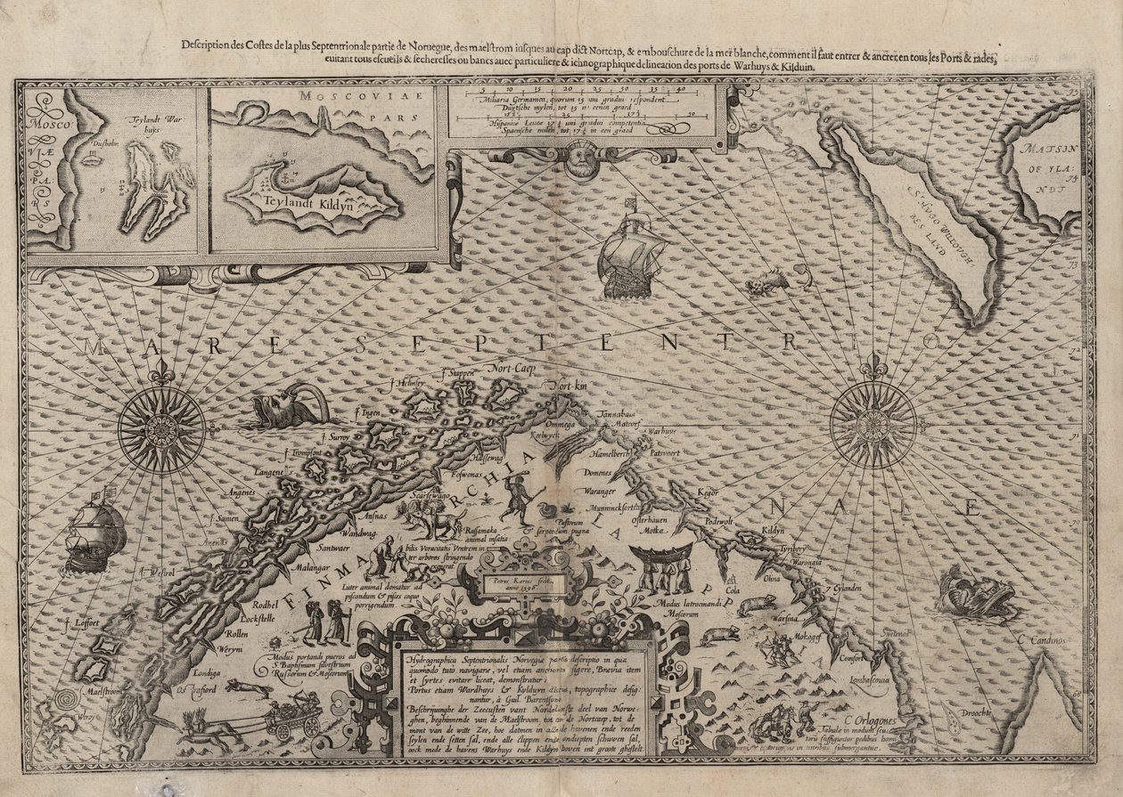 Kartta Nordnorwegens mit vergrößerten Ausschnitten von Vardø und Kildin von Willem Barents tekijältä Lucas Janszoon Waghenaer