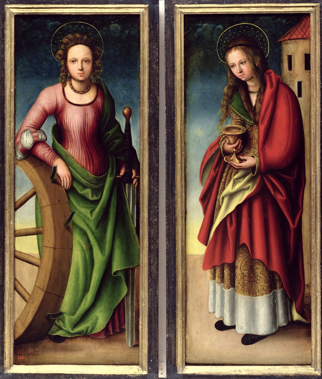 Pyhä Katariina ja St. Barbara, 1510 tekijältä Lucas studio of Cranach