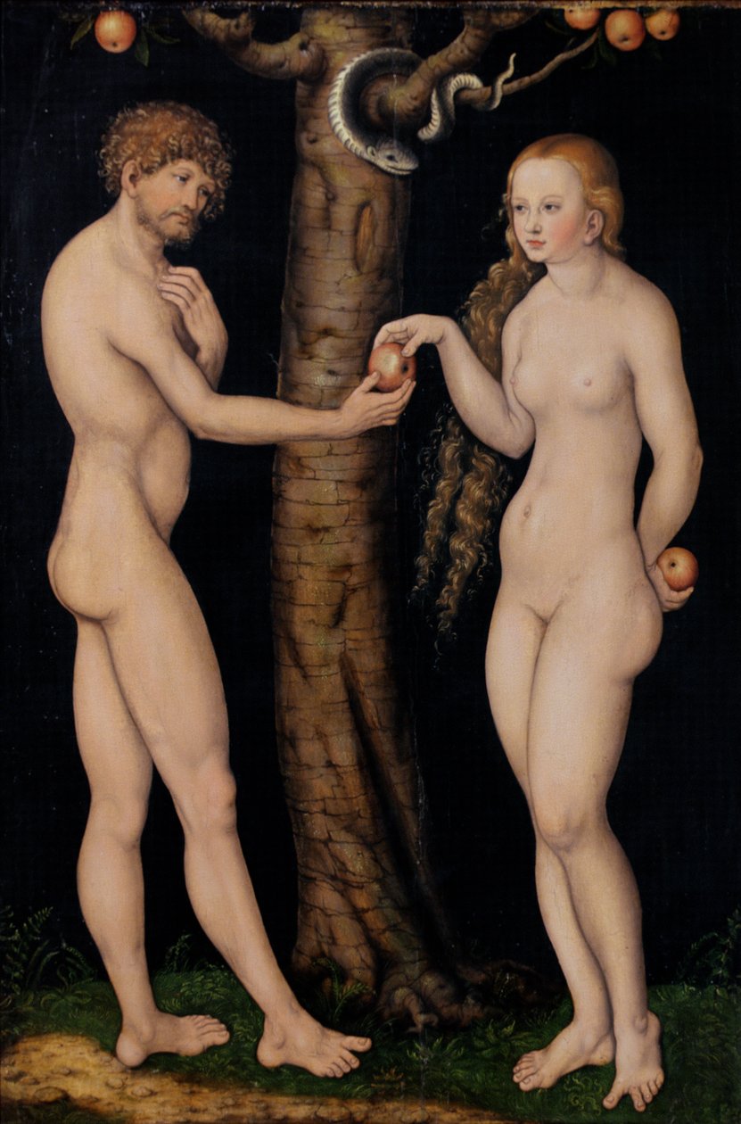 Aadam ja Eeva Eedenin puutarhassa, n. 1520-25 (öljy puulle) tekijältä Lucas Cranach the Elder