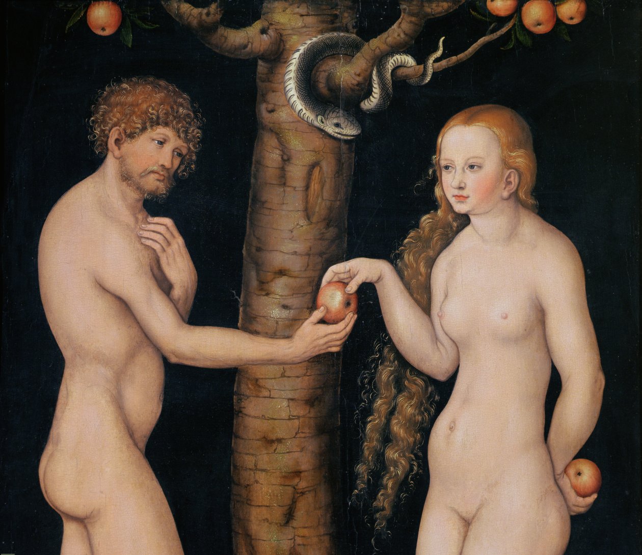 Eeva tarjoaa omenan Aatamille Eedenin puutarhassa, n.1520-25 öljy puulle, yksityiskohta kuvasta 407328. tekijältä Lucas Cranach the Elder