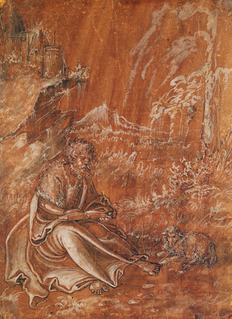 Pyhä Johannes Kastaja istuu vuoristomaisemassa (muste paperille) tekijältä Lucas Cranach the Elder