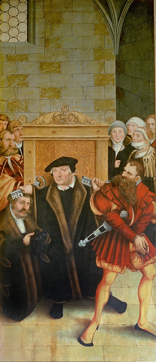 Triptyykki, vasen paneeli, Philipp Melanchthon suorittaa kasteen Martin Lutherin avustamana; keskipaneeli, viimeinen ehtoollinen Lutherin kanssa apostolien joukossa; oikea paneeli, Luther tekee tunnustuksensa; Luther tekijältä Lucas Cranach the Elder