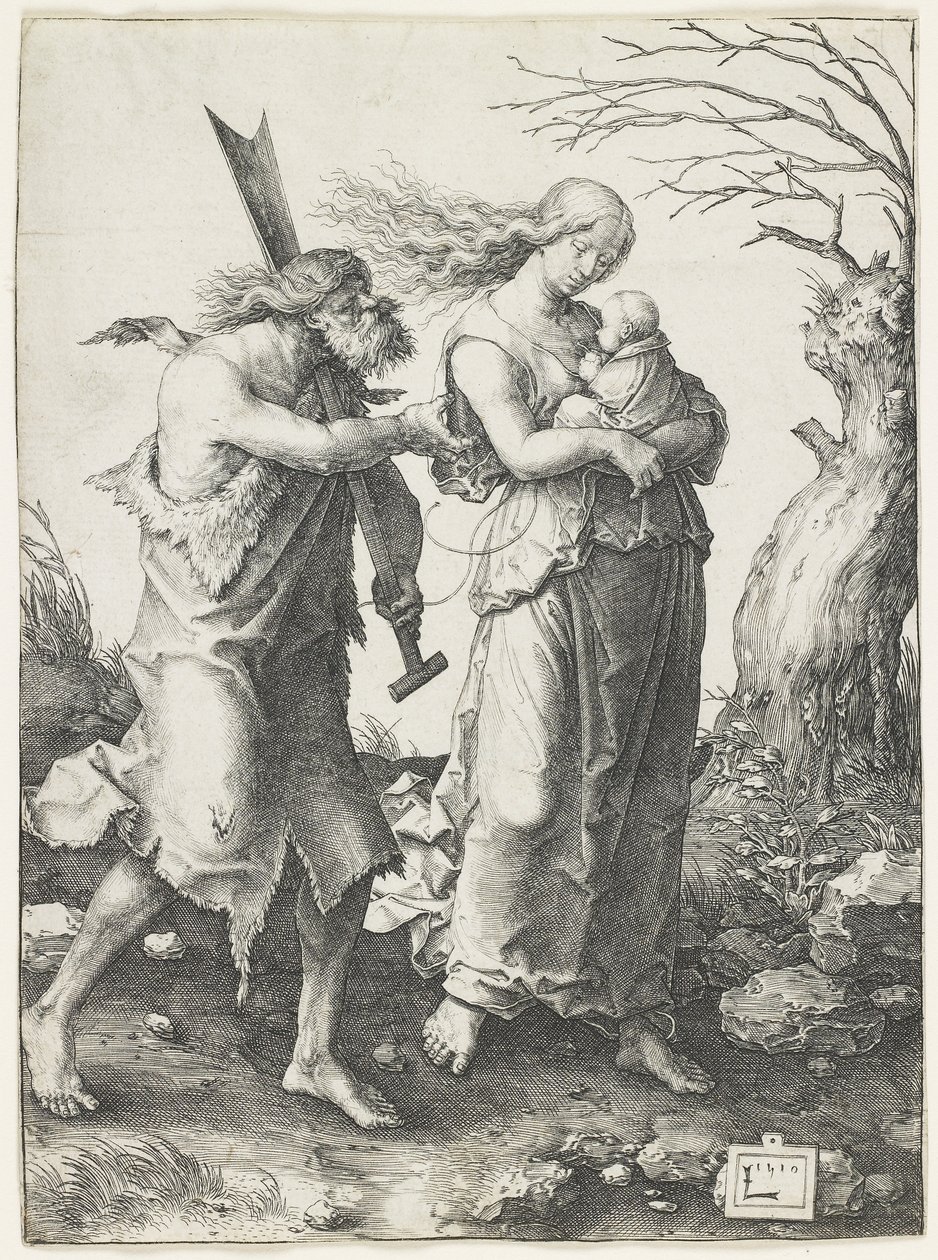 Aadam ja Eeva paratiisista karkotuksen jälkeen, 1510 tekijältä Lucas van Leyden