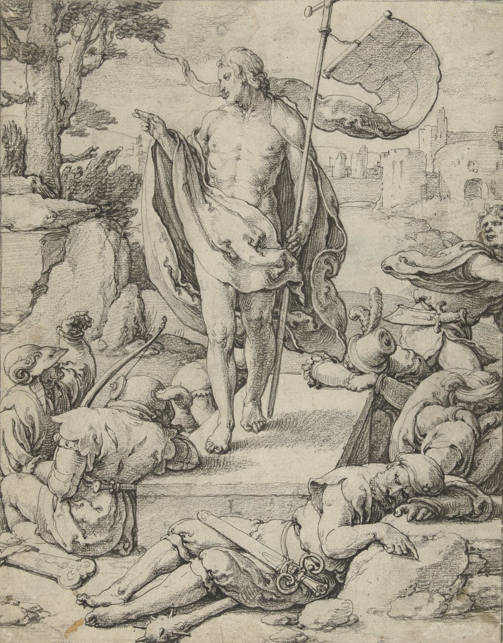 Ylösnousemus, n. 1529-33 tekijältä Lucas van Leyden