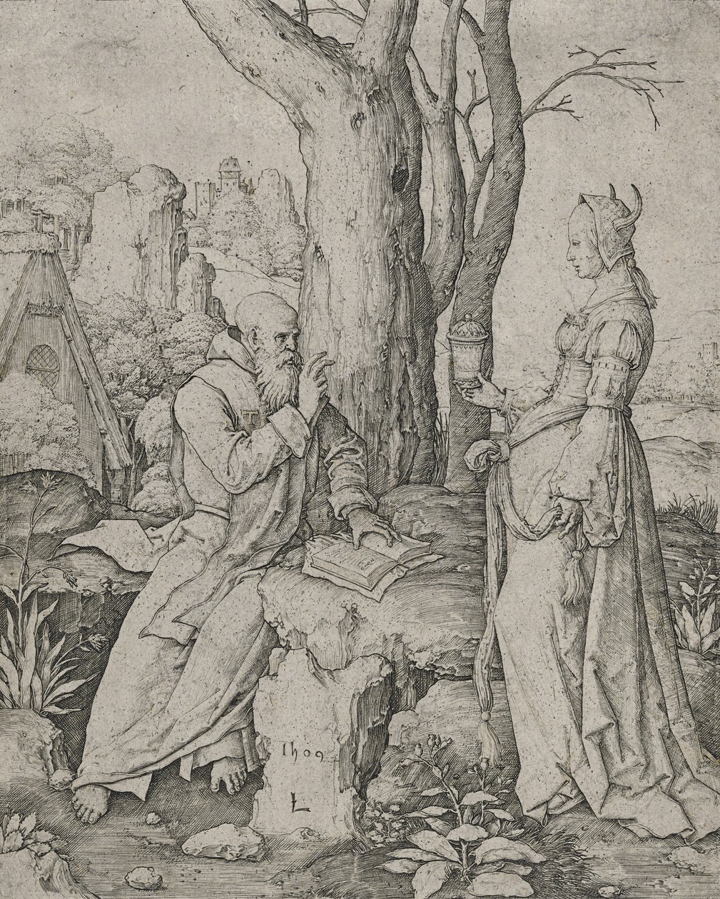 Pyhän Antoniuksen kiusaus, 1509 (kaiverrus paperille) tekijältä Lucas van Leyden