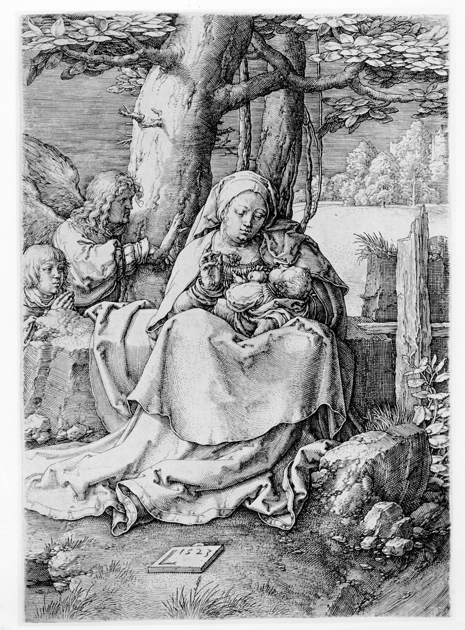 Neitsyt ja lapsi maisemassa, 1523 tekijältä Lucas van Leyden