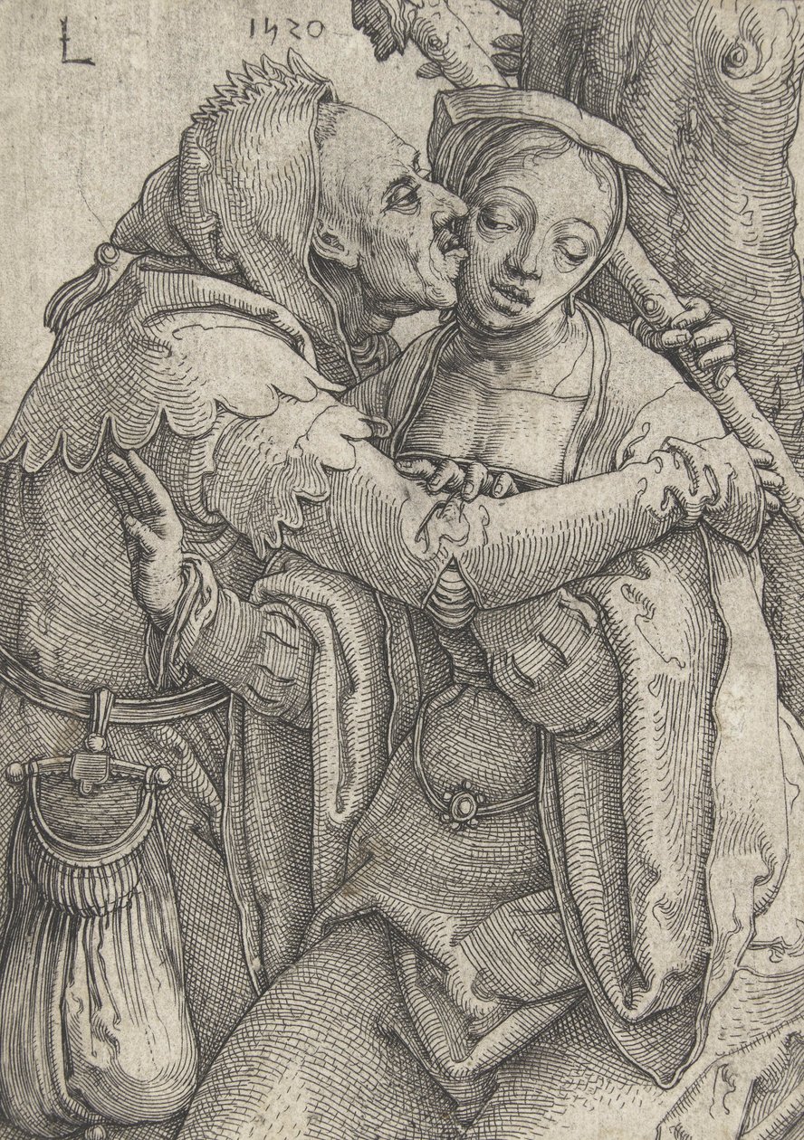 Narri ja nuori nainen, 1520 tekijältä Lucas van Leyden