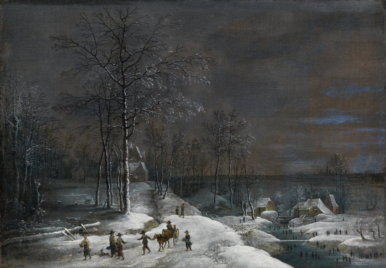 Winterlandschaft mit verschneiter Wassermühle und Figurenstaffage tekijältä Lucas van Uden