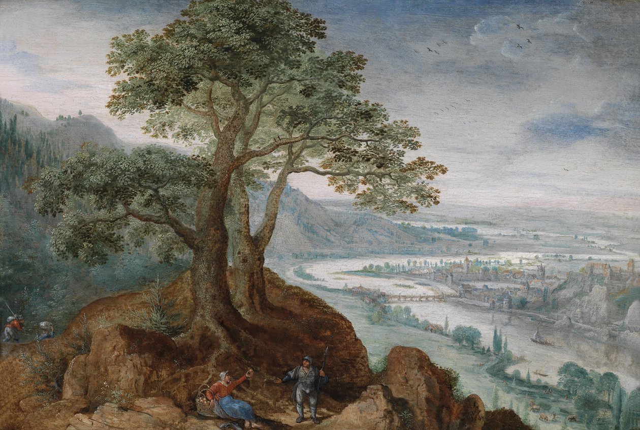 Blick von Pöstlinberg auf die Stadt Linz mit einer Bäuerin und einem Wanderer auf einem Pfad im Vordergrund tekijältä Lucas van Valckenborch