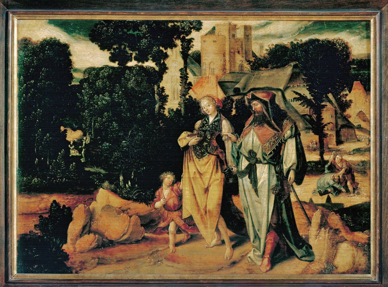 Hagar lähetetään pois (maalaus tammipuulle) tekijältä Lucas Cornelisz