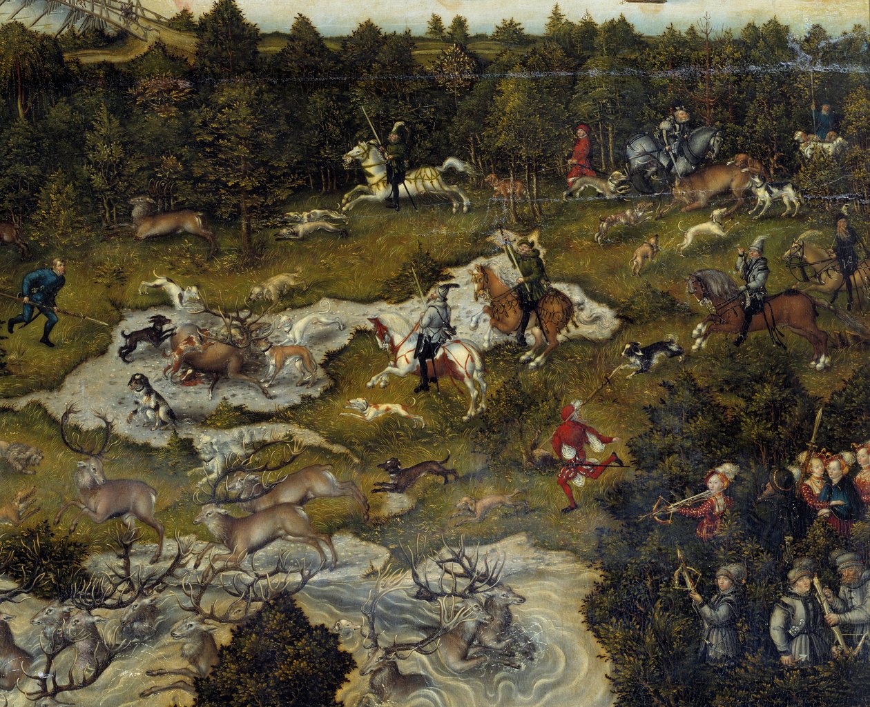 Metsästys Kaarle V:n kunniaksi Torgaun linnassa Saksassa Metsästys peuroja. Yksityiskohta. Lucas Cranach vanhemman maalaus tekijältä Lucas Cranach