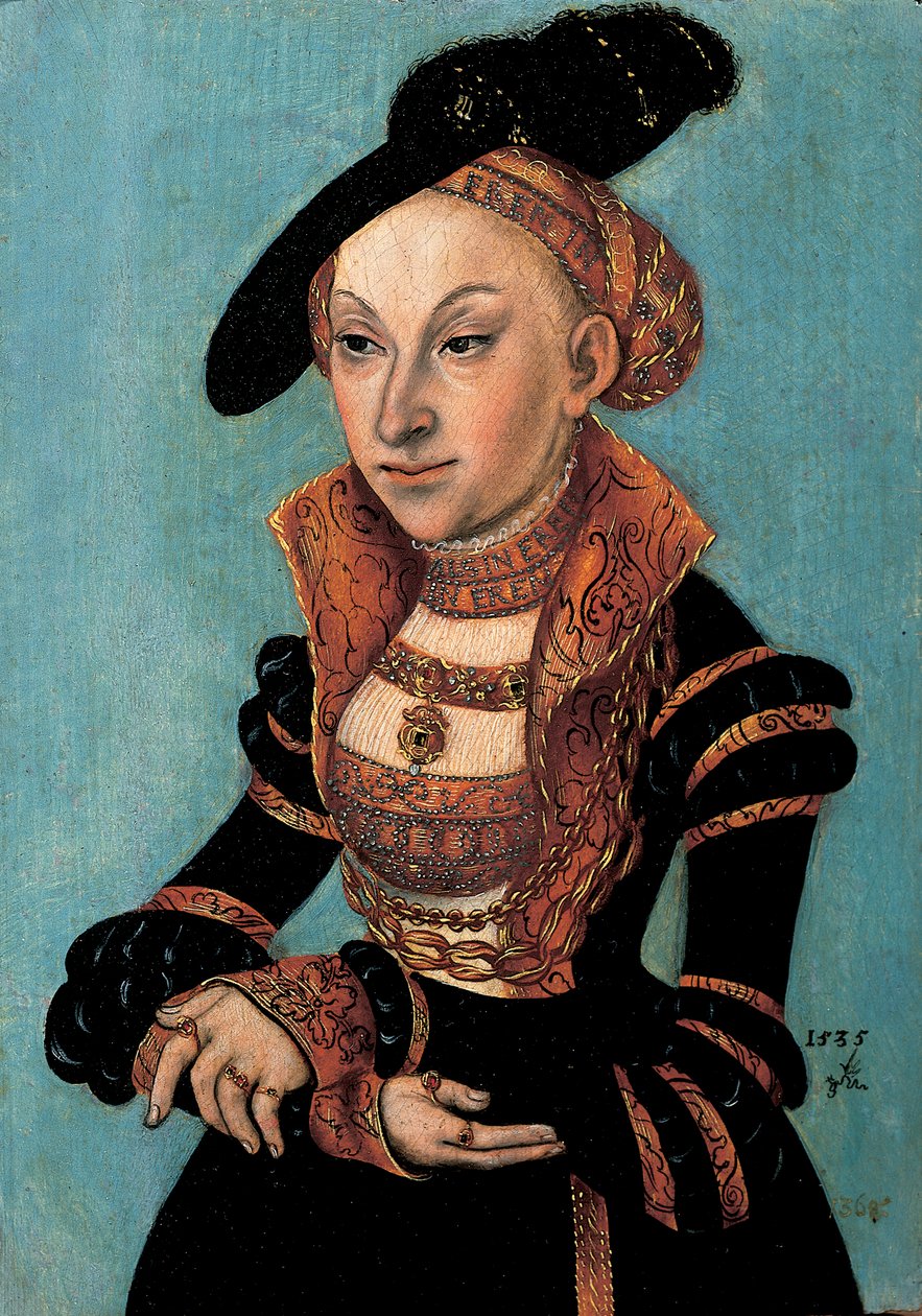 Muotokuva Sibylle von Clevestä, Saksin ruhtinastarsta, 1535 tekijältä Lucas Cranach