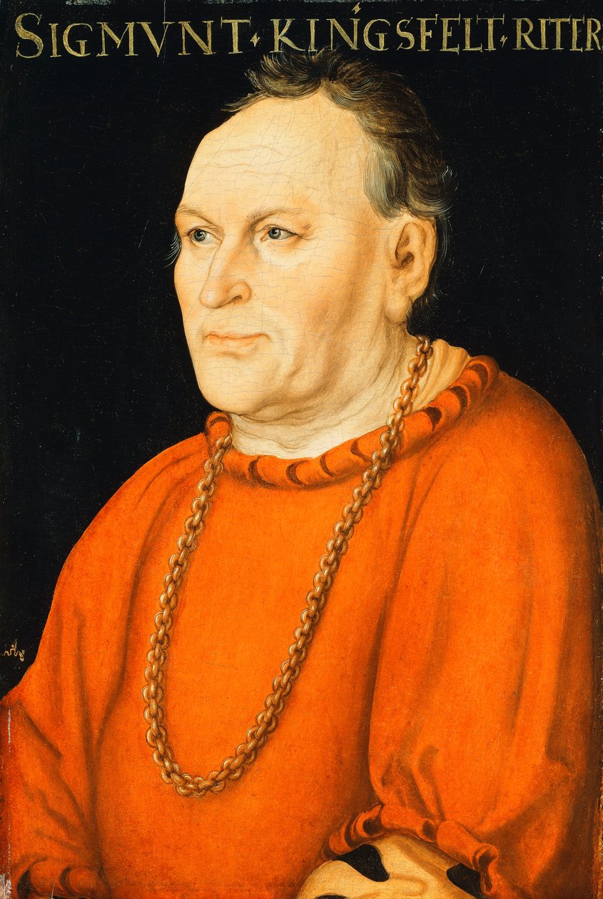 Muotokuva Sigmunt Kingsfeltistä, puolipitkä, yllään punainen puku, tekijältä Lucas Cranach