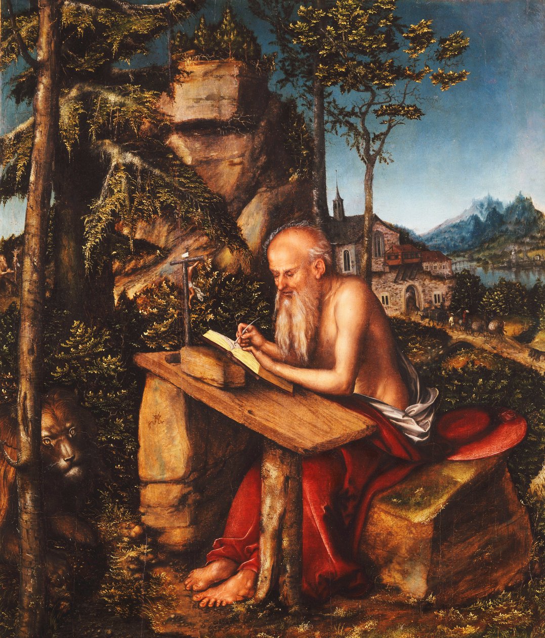 Saint Jerome kirjoittamassa kalliomaisemassa, n. 1515 tekijältä Lucas Cranach