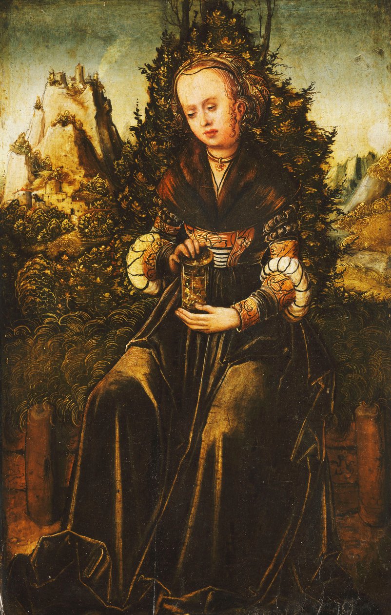 Pyhä Maria Magdaleena istuu ruohoisella reunalla vuoristoisessa maisemassa, tekijältä Lucas Cranach