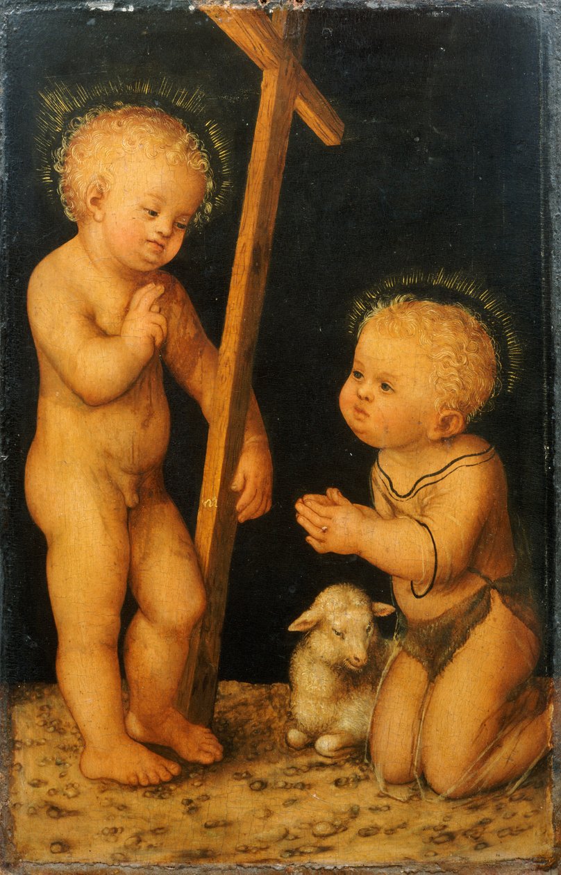 Kristus-lapsi siunaa vauvaa Pyhä Johannes Kastaja tekijältä Lucas Cranach