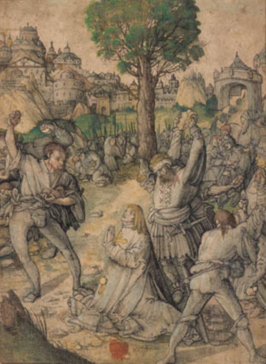 Pyhän Stefanoksen kivittäminen Jerusalemin kultaisen portin ulkopuolella tekijältä Lucas Cranach d.Æ.