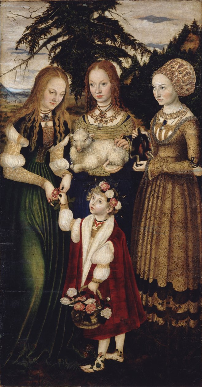 Alttaritaulu Pyhän Katariinan marttyyrikuolemalla, vasen siipi: Pyhät Dorothea, Agnes ja Cunigund tekijältä Lucas Cranach the Elder