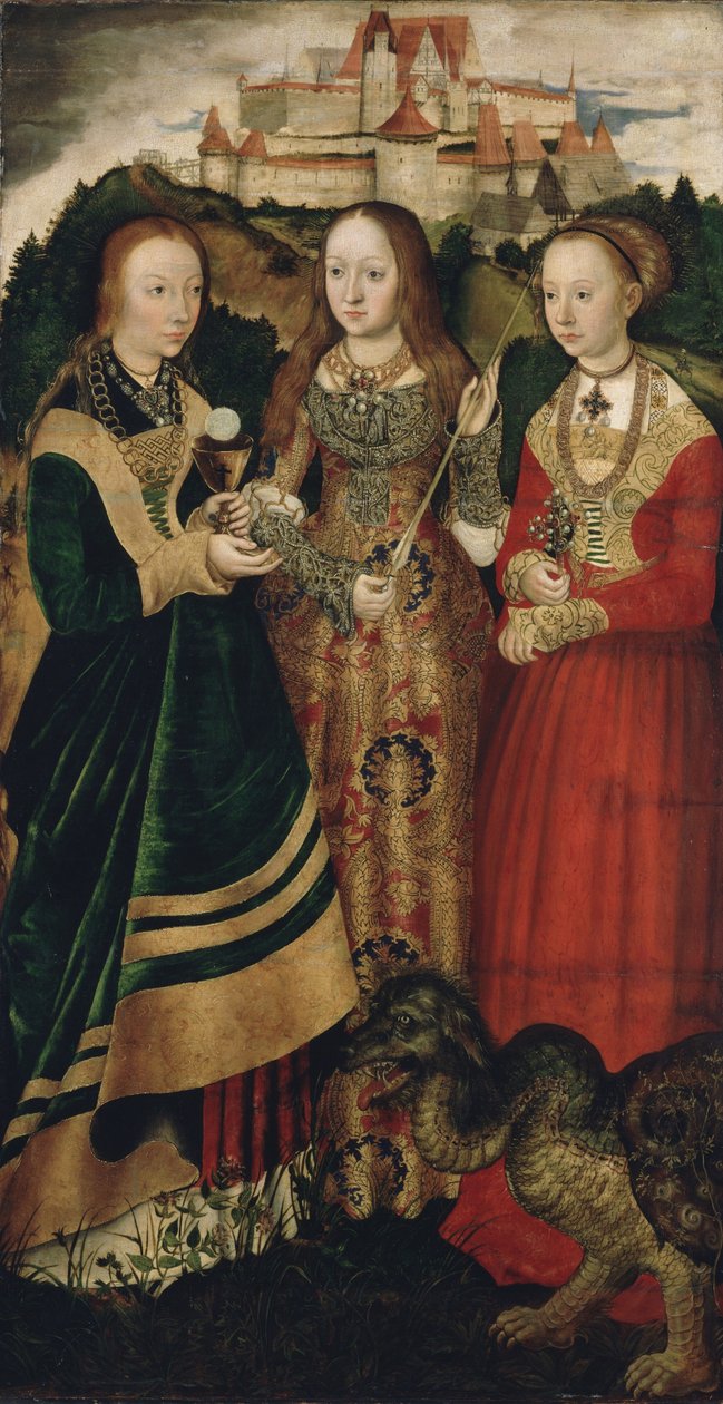 Alttaritaulu Pyhän Katariinan marttyyrikuolemalla, oikea siipi: Pyhä Barbara, Ursula ja Margaret tekijältä Lucas Cranach the Elder