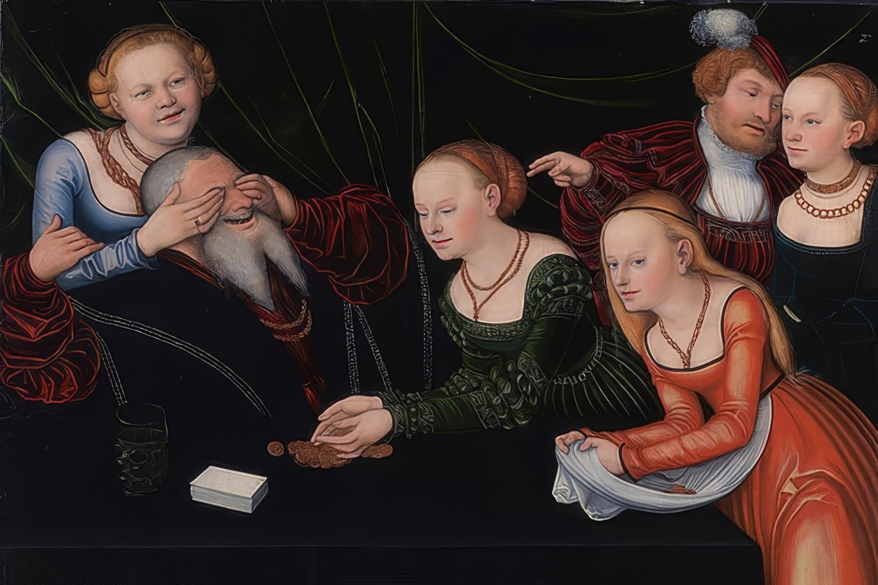 Kurtisaanien lumoama vanha mies. Noin 1537 tekijältä Lucas Cranach the Elder