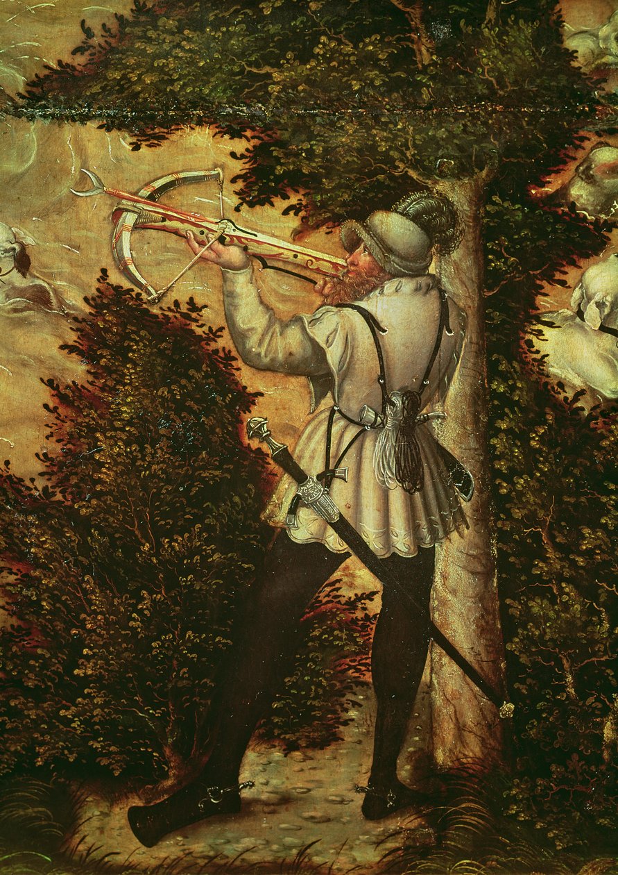 Varsijousimies tähtäämässä, yksityiskohta "Hunt in Honor of Charles V lähellä Hartenfelsin linnaa, Torgau", 1544 tekijältä Lucas Cranach the Elder