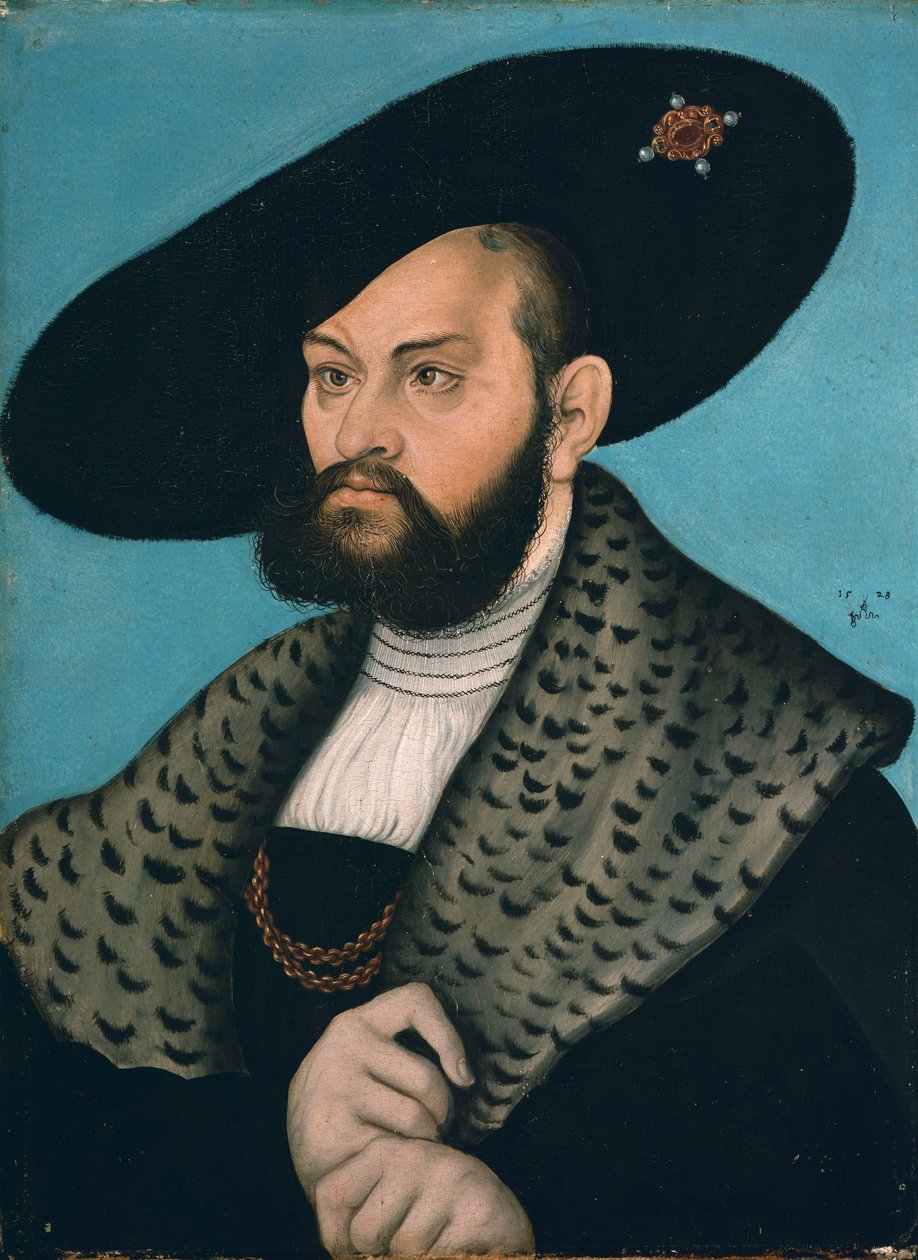 Saksa: Albrecht von Hohenzollern, Brandenburg-Ansbachin markkuri, Preussin herttua, 1528 Brandenburg-Ansbachin markkuri Albrechtin, Preussin herttuan muotokuva, 1528 tekijältä Lucas Cranach the Elder