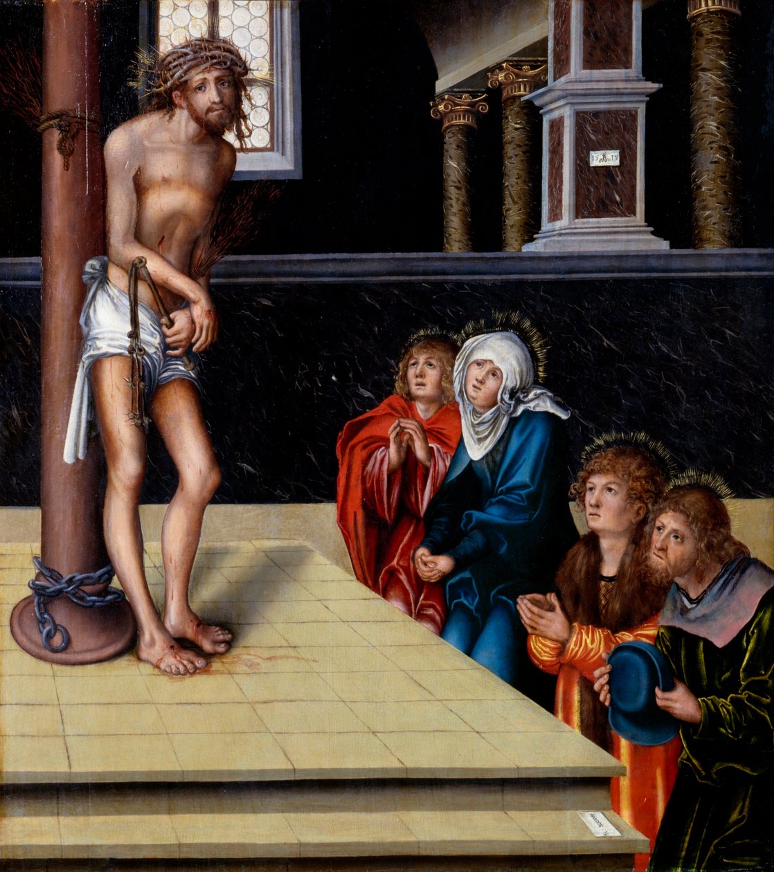 Saksan kieli: Christus als Schmerzensmann an der Geißelsäule Kristus murheiden miehenä. tekijältä Lucas Cranach the Elder