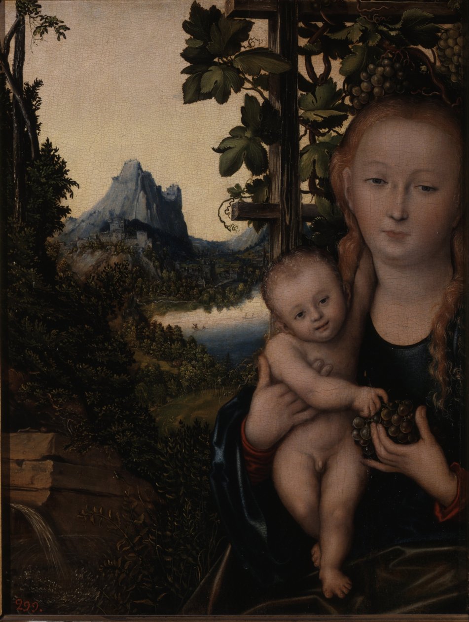 Saksaksi: Die Madonna vor der Weinlaube Neitsyt viiniköynnöksen oksalla (The Virgin in a Grape Arbor) tekijältä Lucas Cranach the Elder