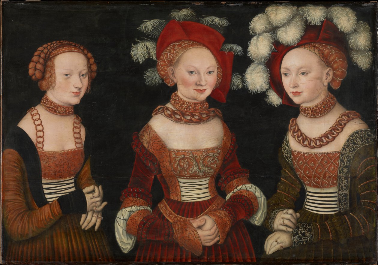 Saksa: Die Prinzessinnen Sibylla (1515-1592), Emilia (1516-1591) und Sidonia (1518-1575) von Sachsen Saksin prinsessat Sibylla (1515-1592), Emilia (1516-1591) ja Sidonia (1518-1575). tekijältä Lucas Cranach the Elder