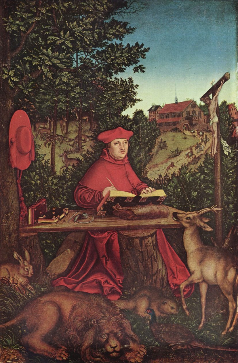 Saksa: kardinaali Albrecht von Brandenburg (1490-1545) nimellä Heiliger Hieronymus Brandenburgin kardinaali Albrecht (1490-1545) nimellä Pyhä Hieronymus. tekijältä Lucas Cranach the Elder