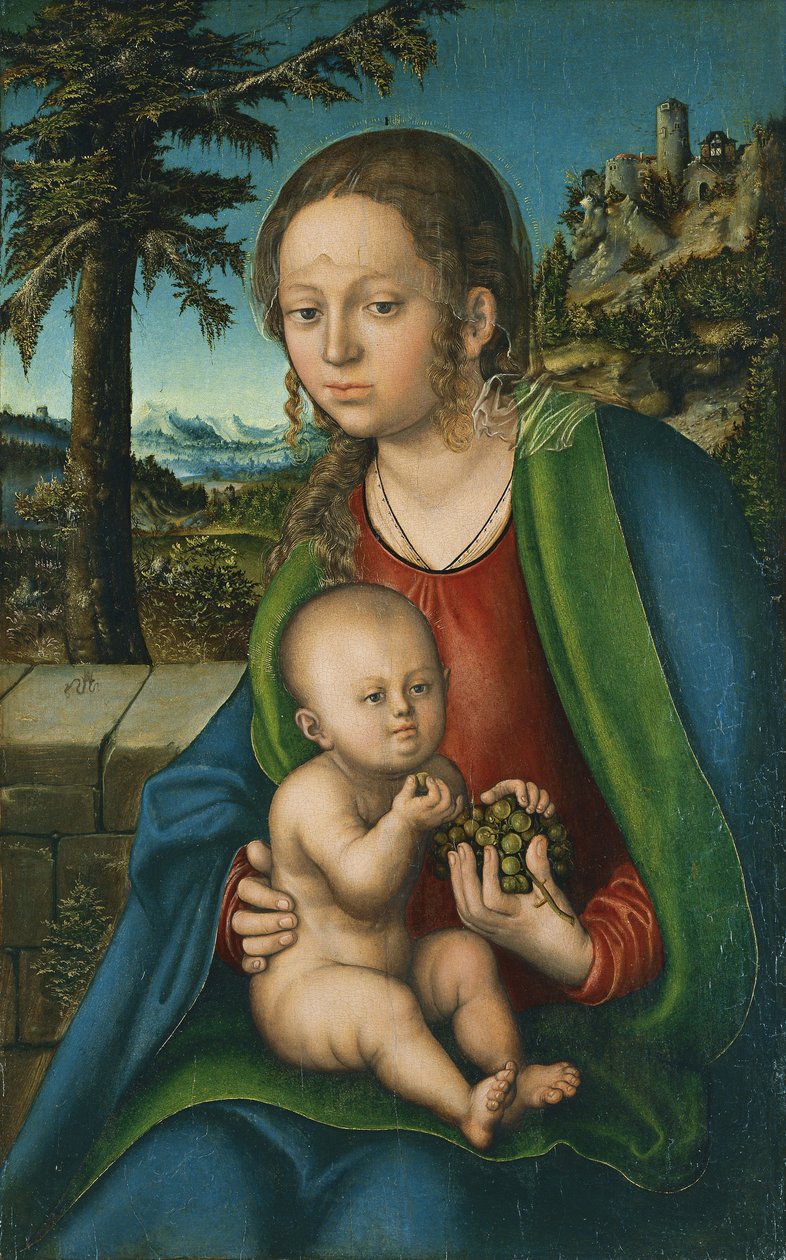 Saksa: Madonna mit Kind und Trauben Neitsyt ja lapsi viinirypäleiden kanssa tekijältä Lucas Cranach the Elder