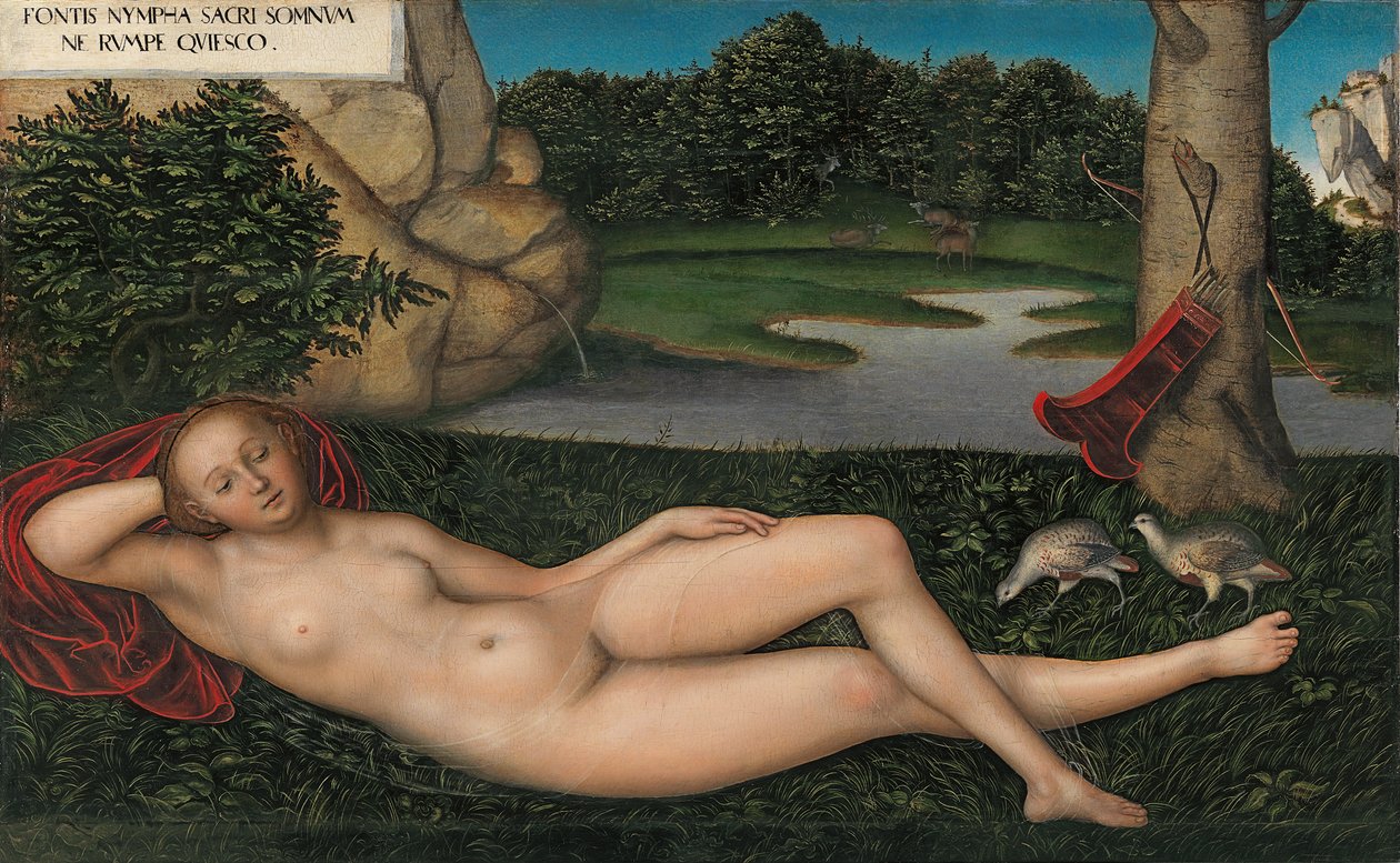 Saksan kieli:  Quellnymphe Nymfi suihkulähteellä tekijältä Lucas Cranach the Elder