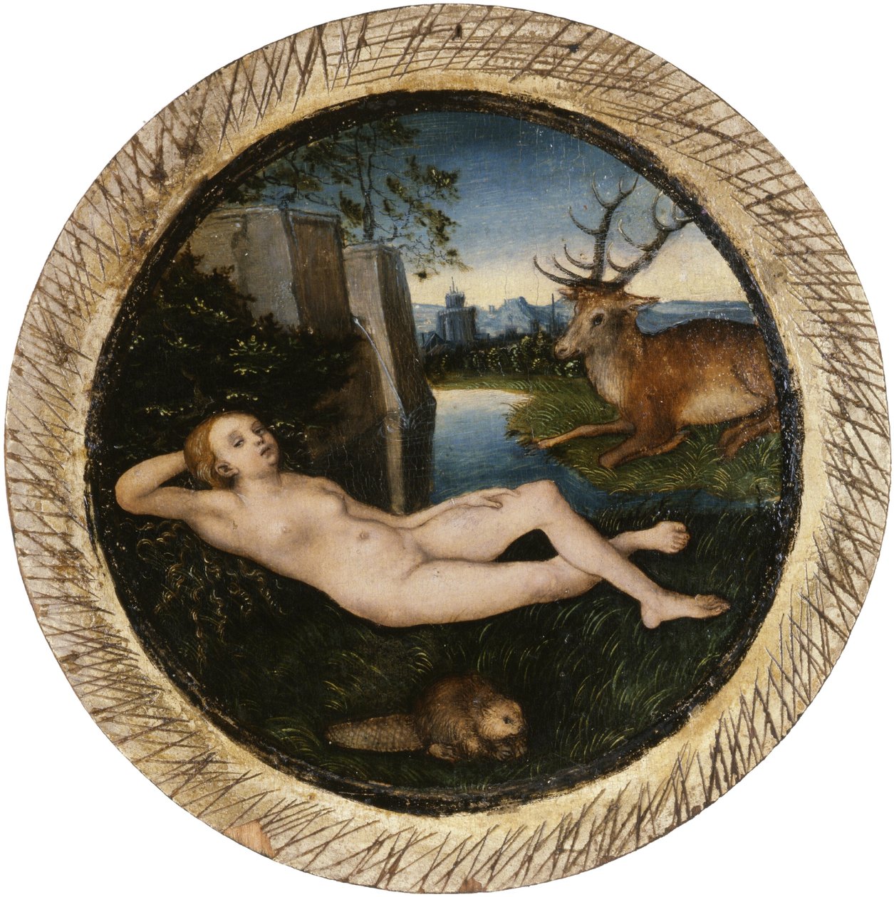 Saksa: Lepäävä kevätnymfi Makaa nymfi tekijältä Lucas Cranach the Elder