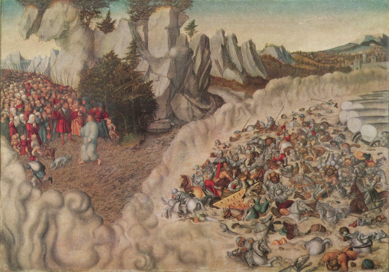Saksa: Zug der Israeliten durch das Rote Meer (Untergang des Pharao) Faaraon sotajoukkojen uppoaminen Punaiseen mereen. tekijältä Lucas Cranach the Elder