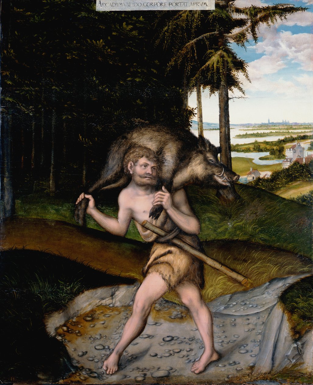 Herakles ja Erymanthian karju Herkuleen työstä tekijältä Lucas Cranach the Elder