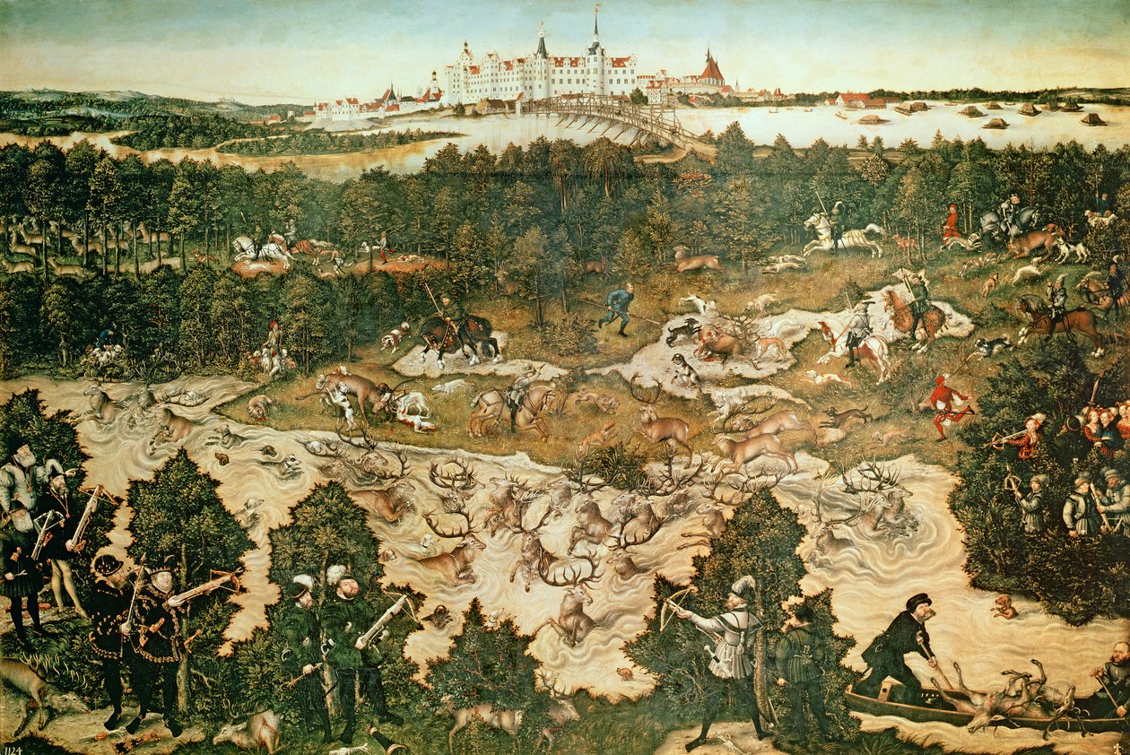 Metsästys keisari Kaarle V:n kunniaksi lähellä Hartenfelsin linnaa, Torgau, 1544 (katso myös 38682, 72409 ja 498129) tekijältä Lucas Cranach the Elder