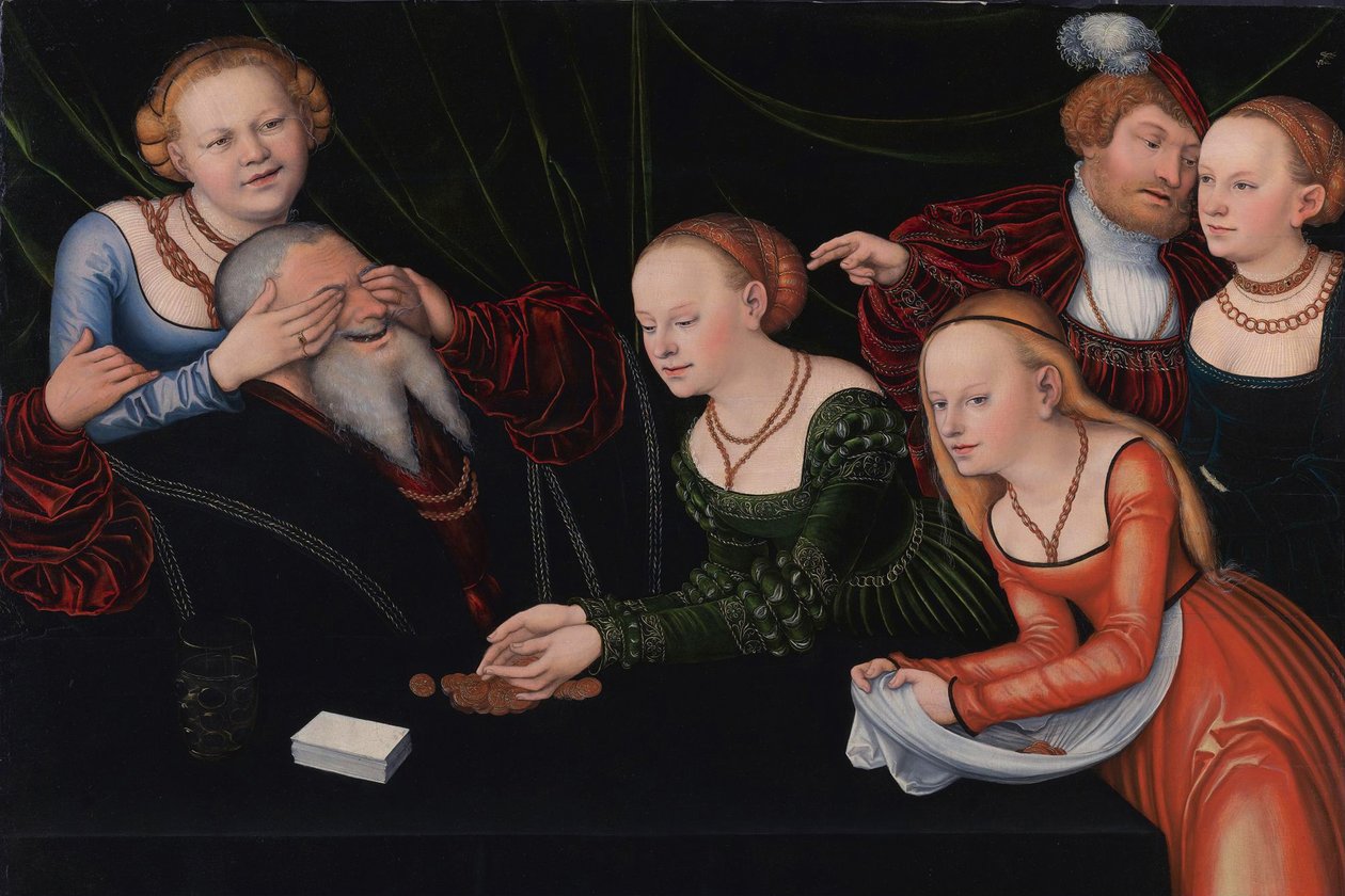 Kurtisaanien viettelemä vanha mies, n. 1537 tekijältä Lucas Cranach the Elder