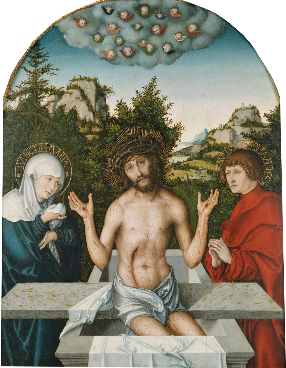 Pfirtscherin alttaritaulu: Neitsyt Marian ja Johanneksen välissä sarkofagilla istuva Kristus surumiehenä [keskitaulu]. tekijältä Lucas Cranach the Elder