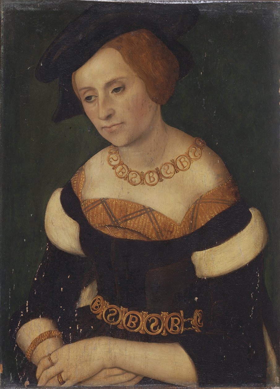Puolan kuningattaren Barbara Zapolyan (1495-1515) muotokuva, kaulakoru ja vyö, jossa Bamp;S (Barbara et Sigismundus) -monogrammi. tekijältä Lucas Cranach the Elder