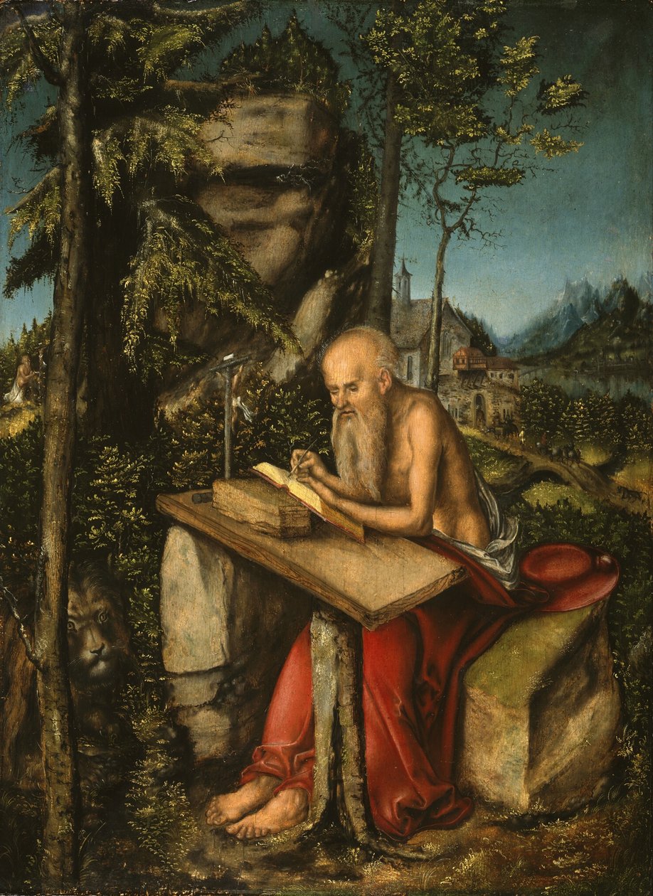 Pyhä Jerome kivisessä maisemassa tekijältä Lucas Cranach the Elder