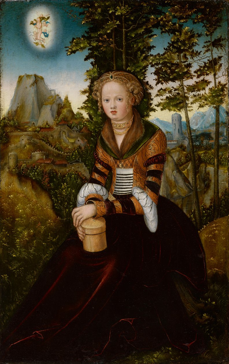 Magdaleena istuu puun edessä tekijältä Lucas Cranach the Elder