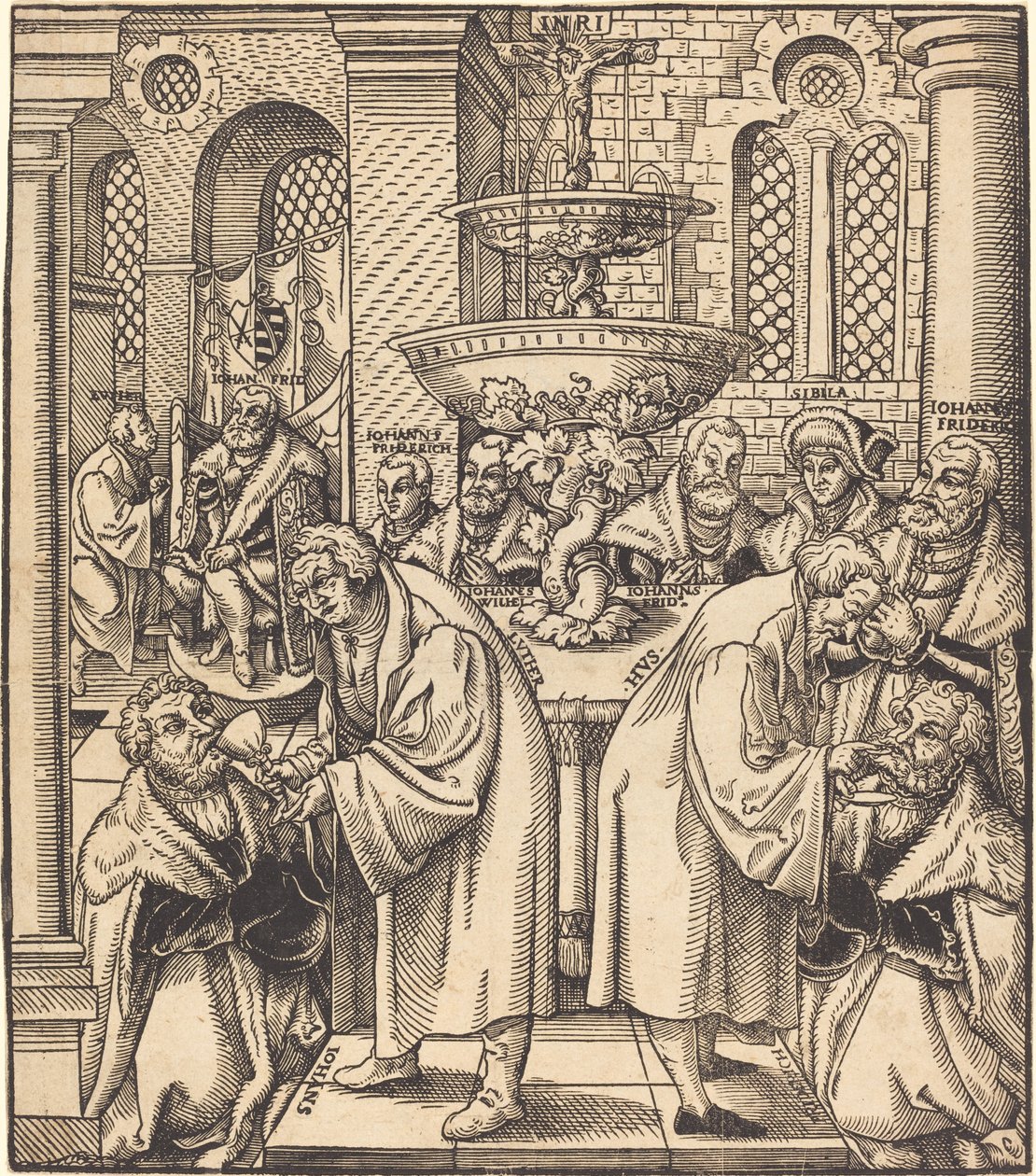 Uskonpuhdistajat Luther ja Hus pitävät ehtoollisen Saksin talon ruhtinaille tekijältä Lucas Cranach the Elder