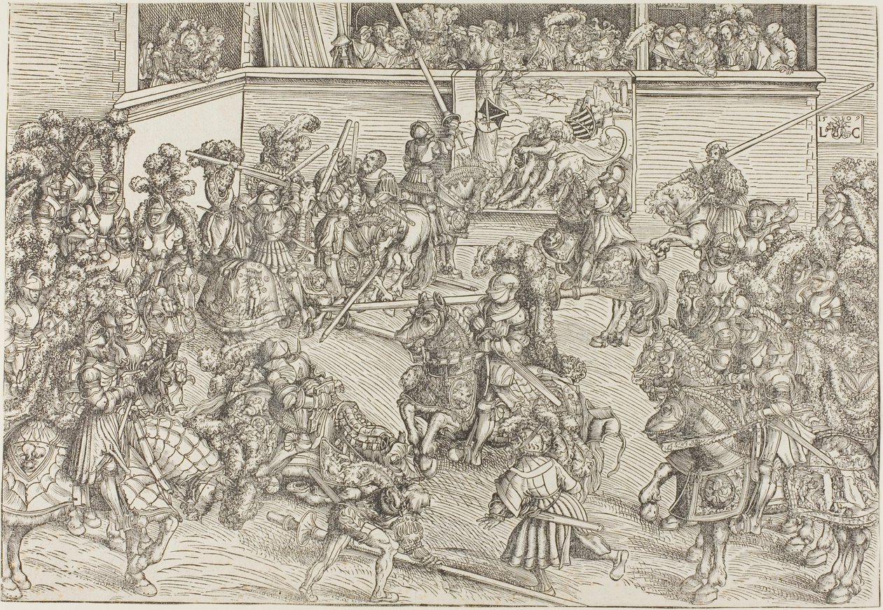 Toinen turnaus, jossa on seinävaatekangas, jossa on Simson ja leijona. tekijältä Lucas Cranach the Elder