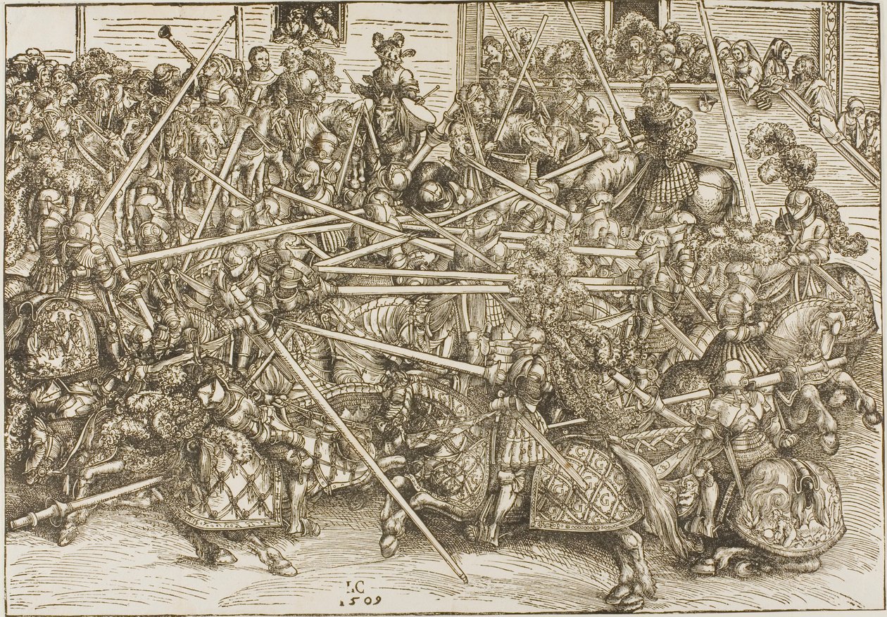 Kolmas turnaus, jossa ritarit rikkovat keihäitä. tekijältä Lucas Cranach the Elder