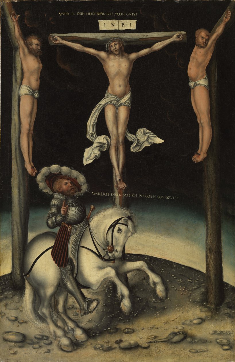 Sadanpäällikkö Longinus Kristuksen ristien ja kahden varkaan joukossa, 1539 tekijältä Lucas Cranach the Elder