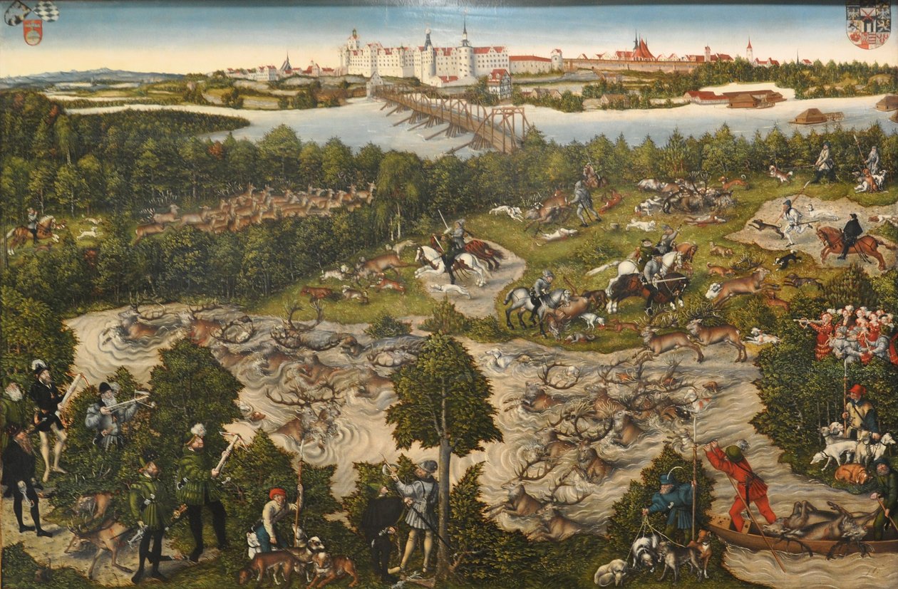 Saksa: Saksin valitsijamiehen Johann Friedrichin hirvenmetsästys Saksin valitsijamiehen Johann Friedrich I:n hirvenmetsästys. tekijältä Lucas Cranach the Younger